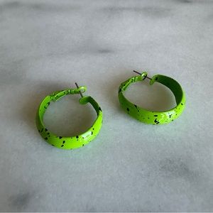 VINTAGE • Funky Neon Green Barbie Hoop Earrings Paint Splatter Weird Art Girl